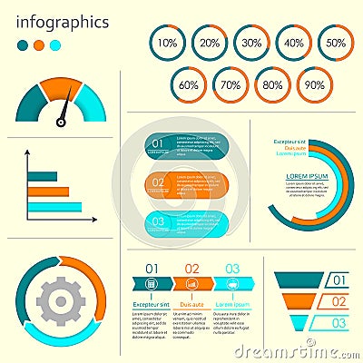 Infographics set with charts, graphs, step by step arrows, circle chart, cycle diagram with percentage, speedometer. Vector illust Vector Illustration